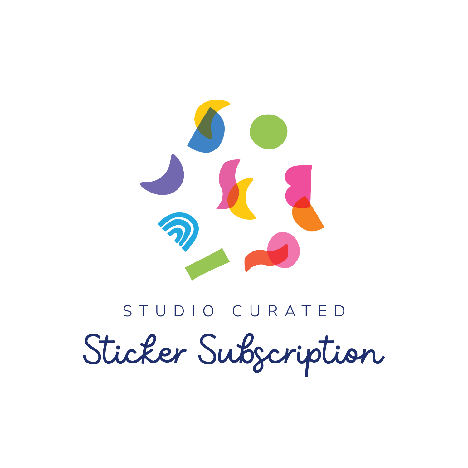 Colorful abstract shapes with 'Studio Curated Sticker Subscription' text on a white background