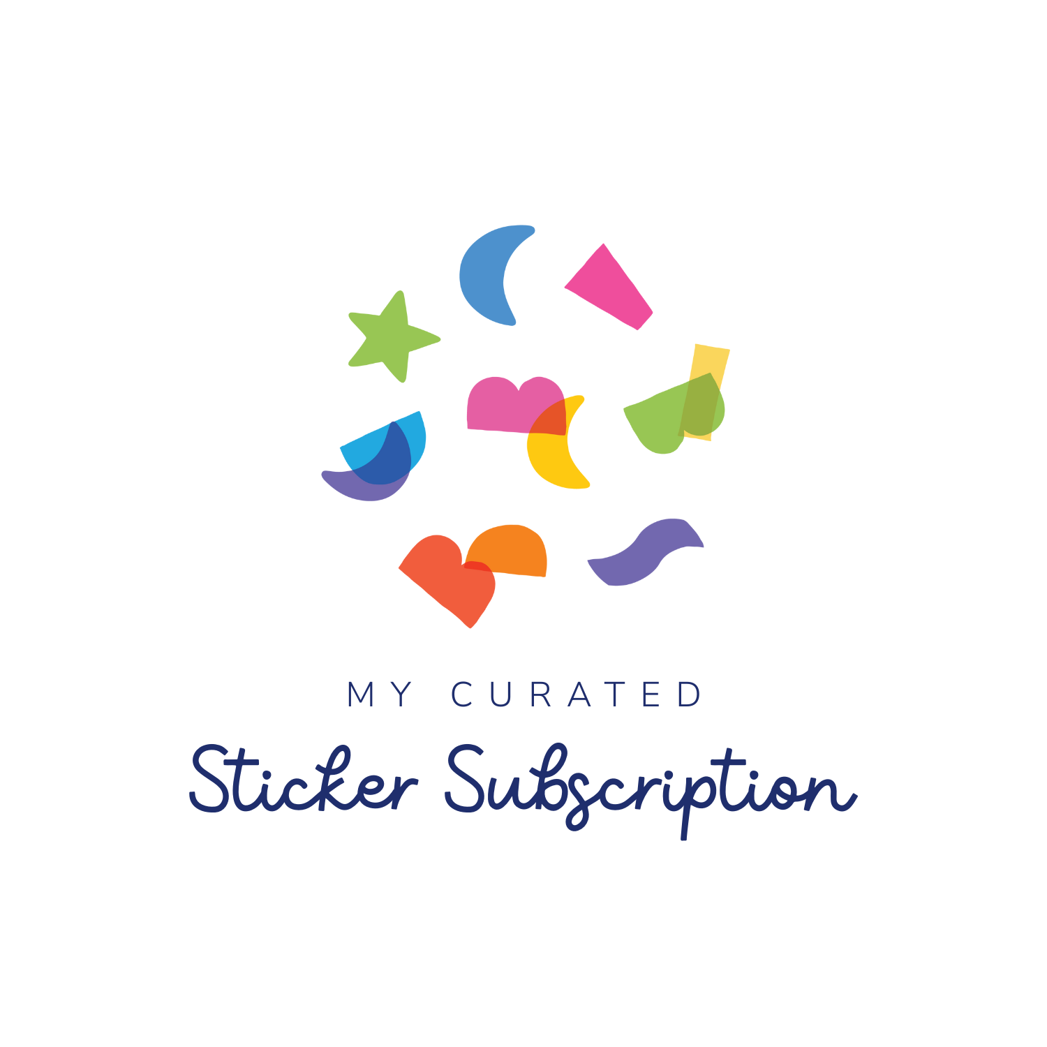 Logo for 'My Curated Sticker Subscription' with colorful geometric shapes on a white background.
