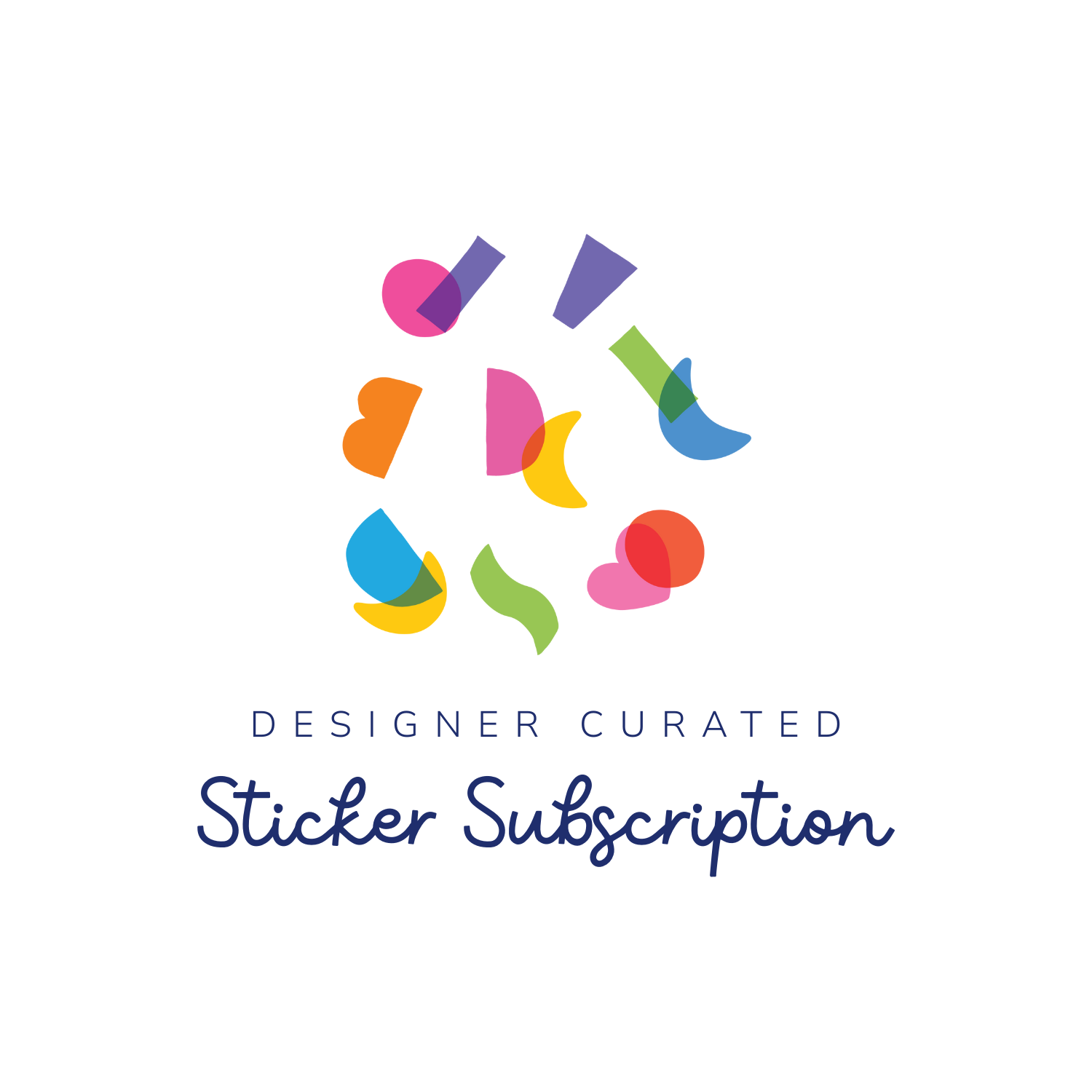 Colorful geometric shapes with text 'Designer Curated Sticker Subscription' on a white background