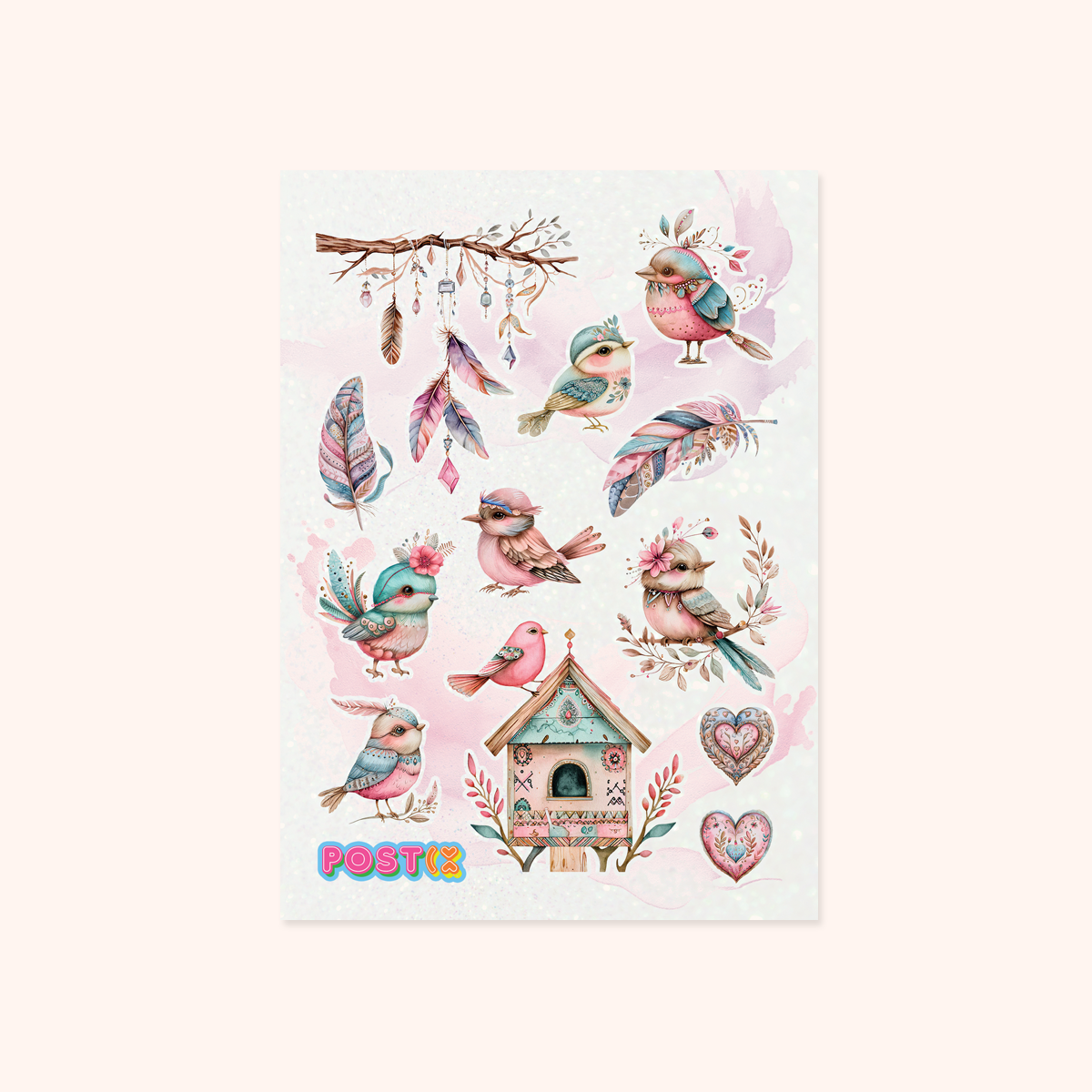 Bohemian Birds A6 Glitter Sticker Sheet