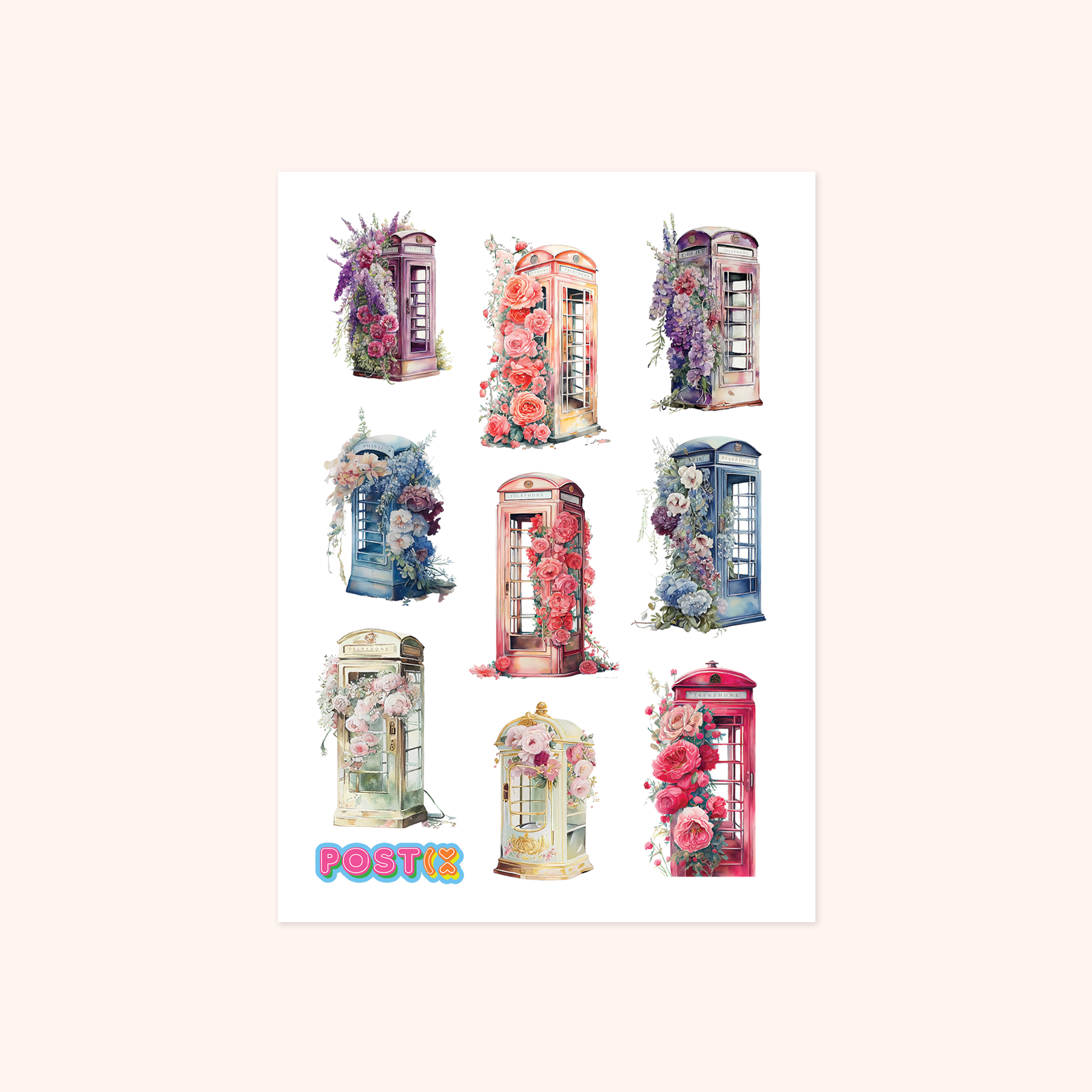 Vintage Floral Telephone Booths A6 Washi Sticker Sheet