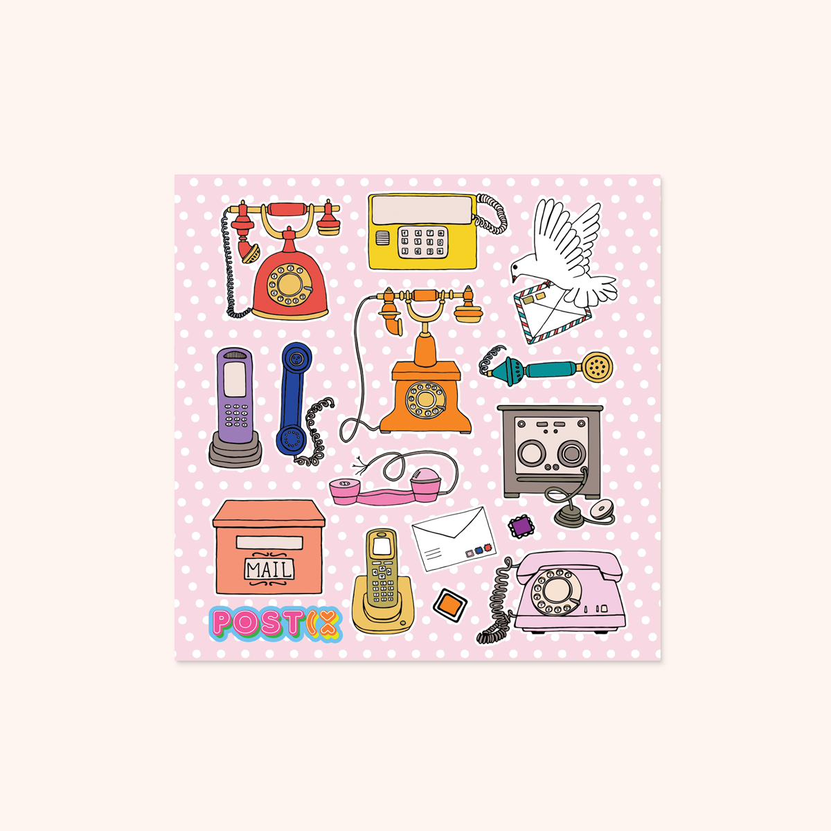 Vintage Phones Square Paper Sticker Sheet