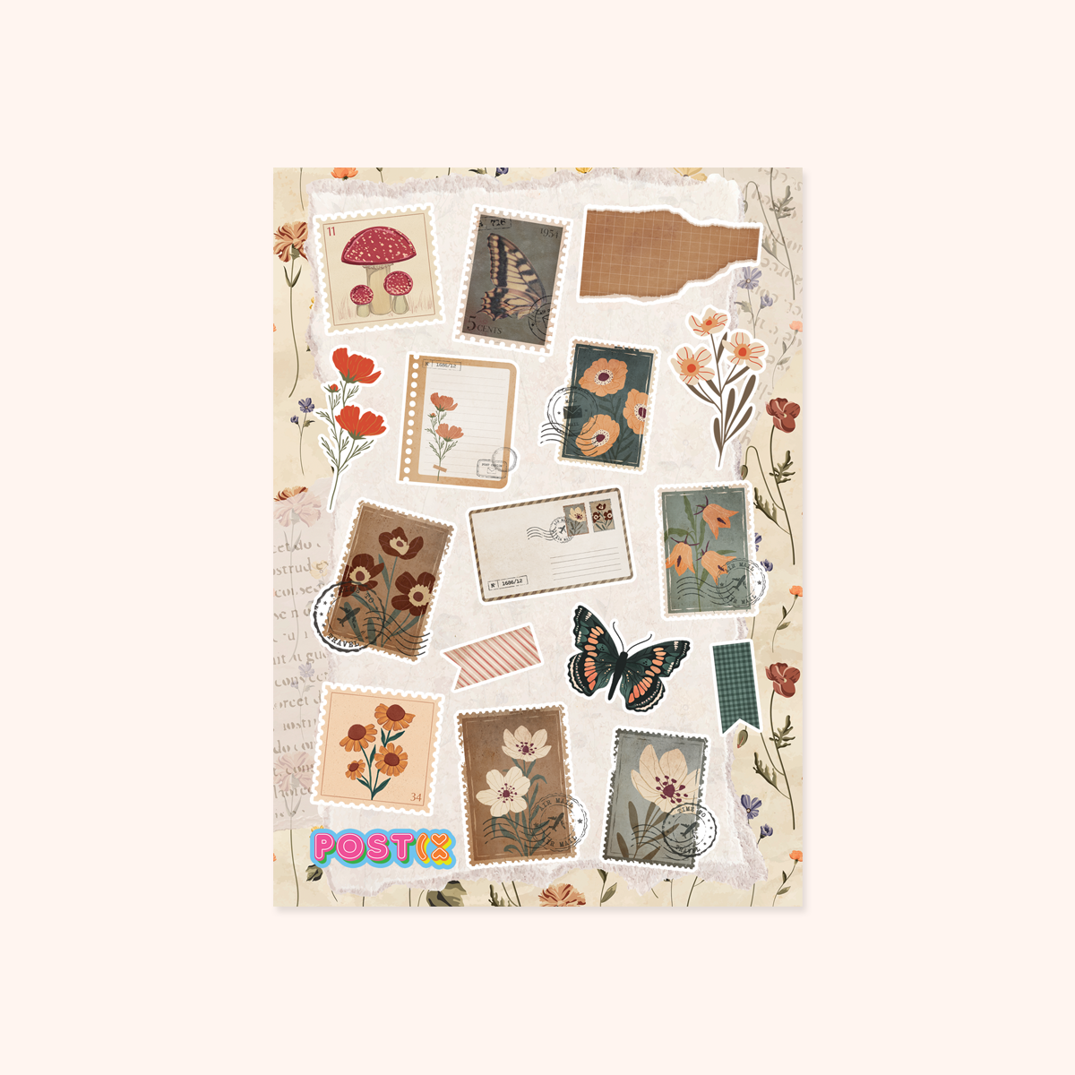 Vintage Stamp Collage A6 Paper Sticker Sheet