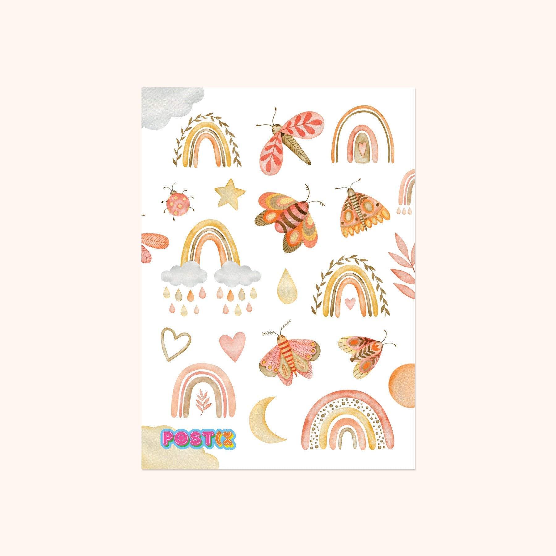 Watercolor Rainbows and Moths Washi Sticker Sheet