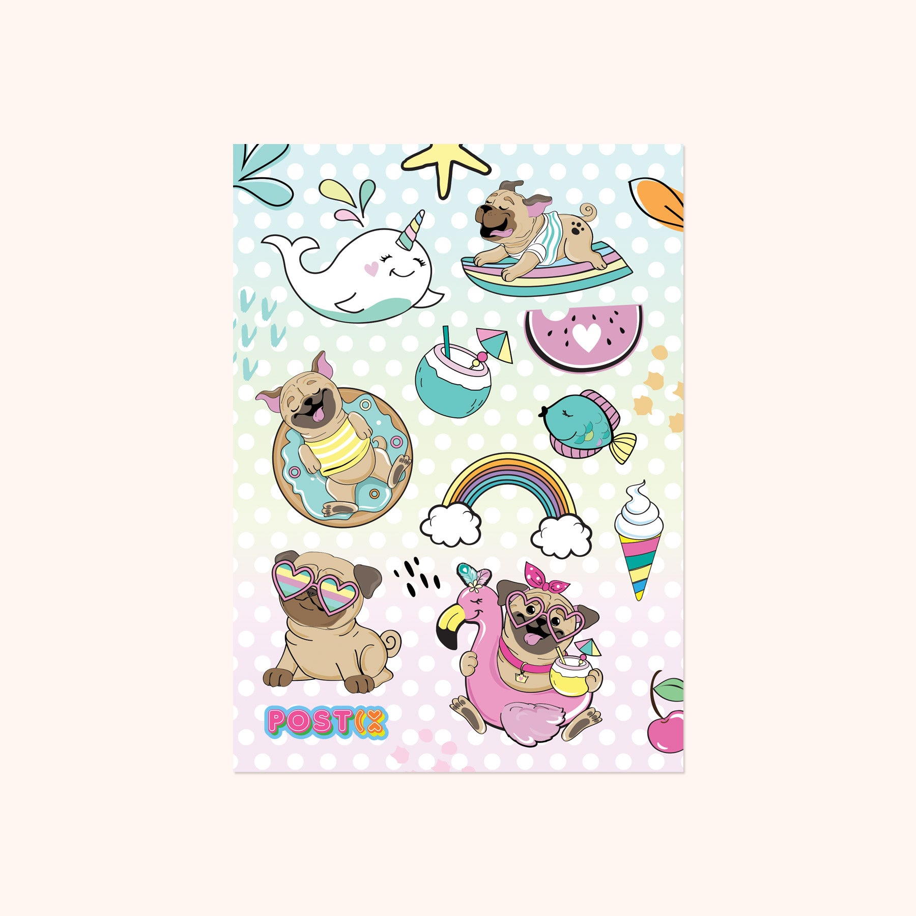 Summertime Pugs Sticker Sheet